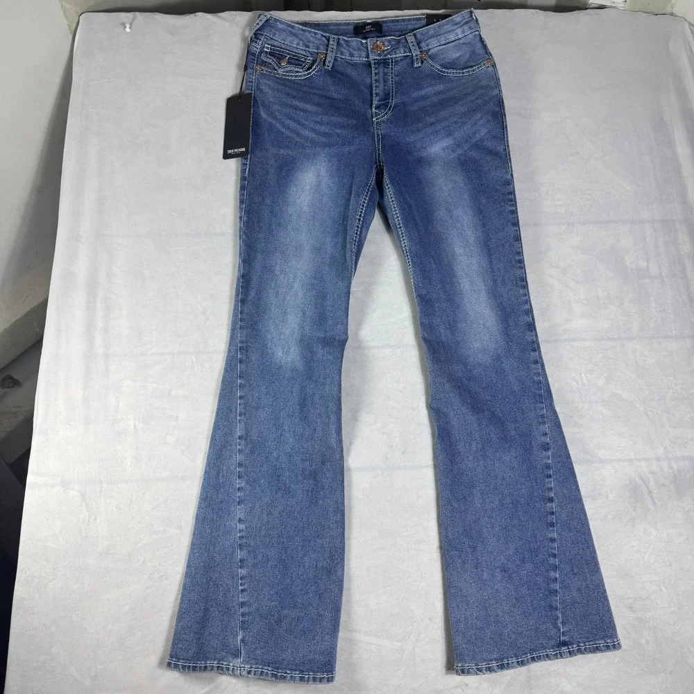 NWT True Religion Joey Womens Flare Jeans Blue Denim Mid Rise Flap Pockets 29‎